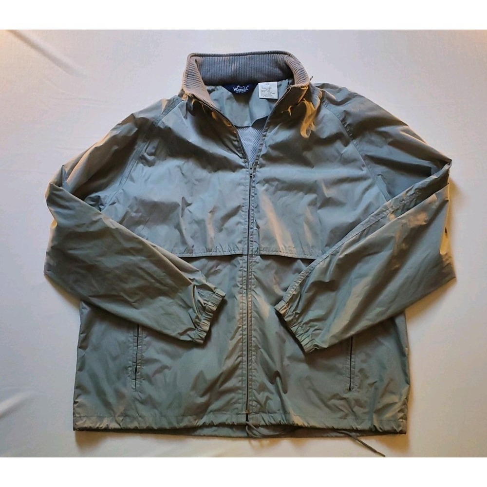 Vtg Woolrich Mens Gray Nylon Windbreak Jacket, Mesh Lined, Ribbed Collar, Sz L